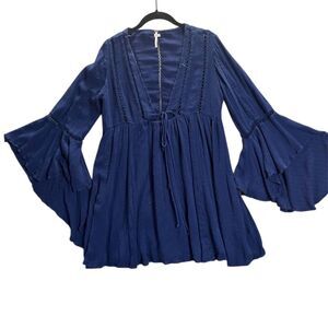 Free People Women's Mini Dress or Tunic Top Boho Chic Drape Sleeve Navy Blue M
